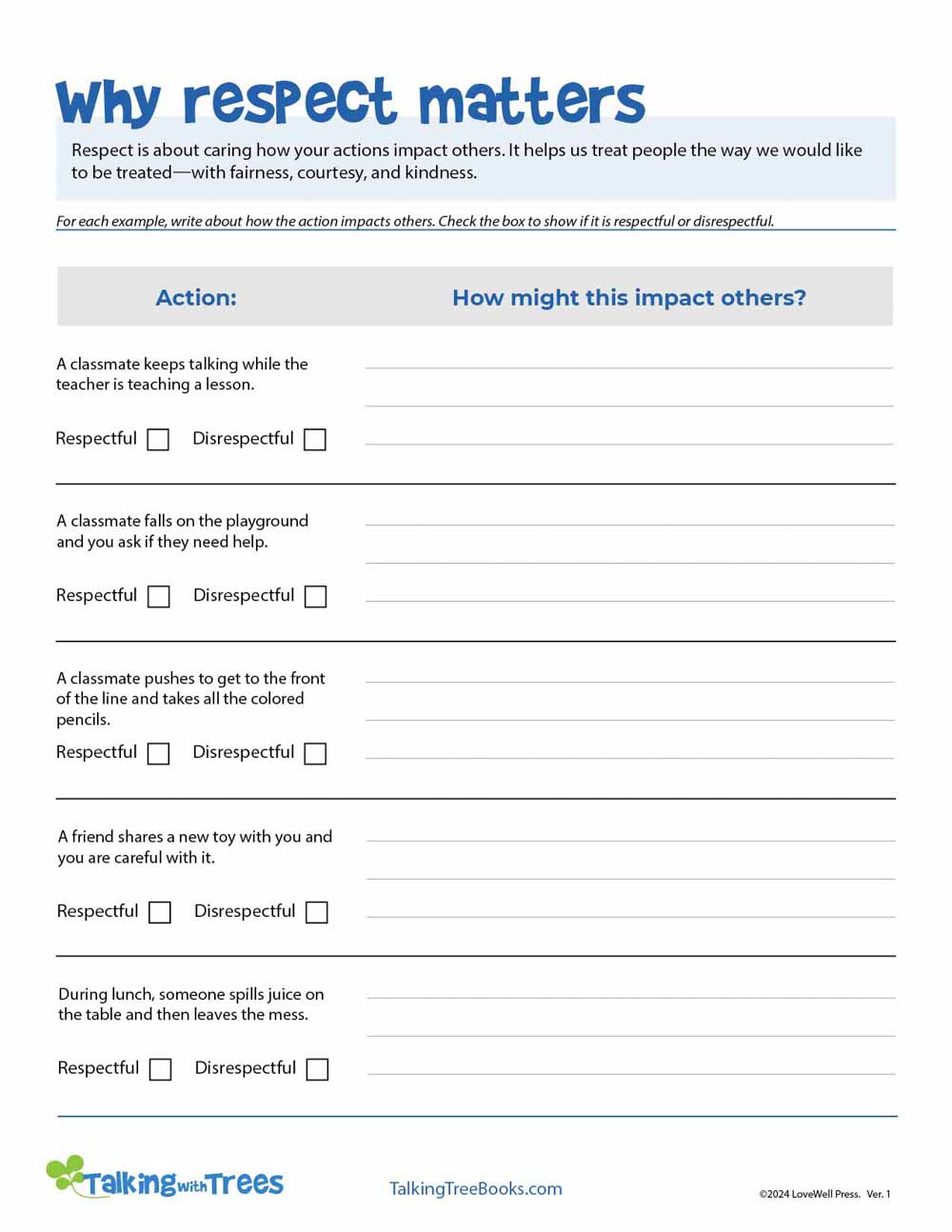 Why Respect Matters Worksheet for Elementary Values / SEL