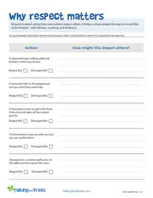 Respect worksheet on how actions impact others for elementary SEL character education